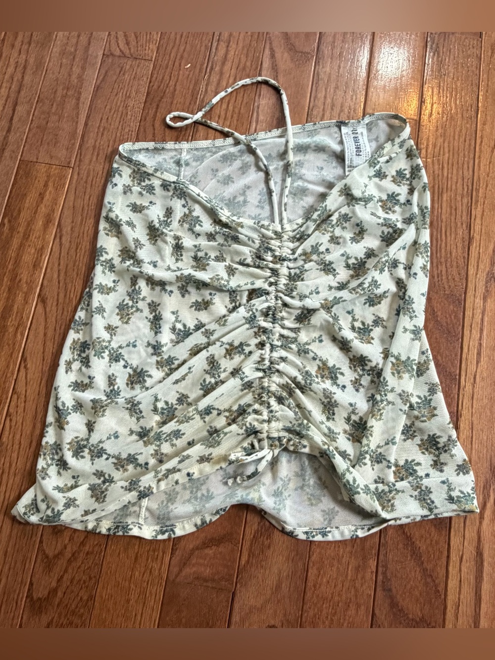 Forever 21 Cream Floral Ruched Cami with Sage Accents